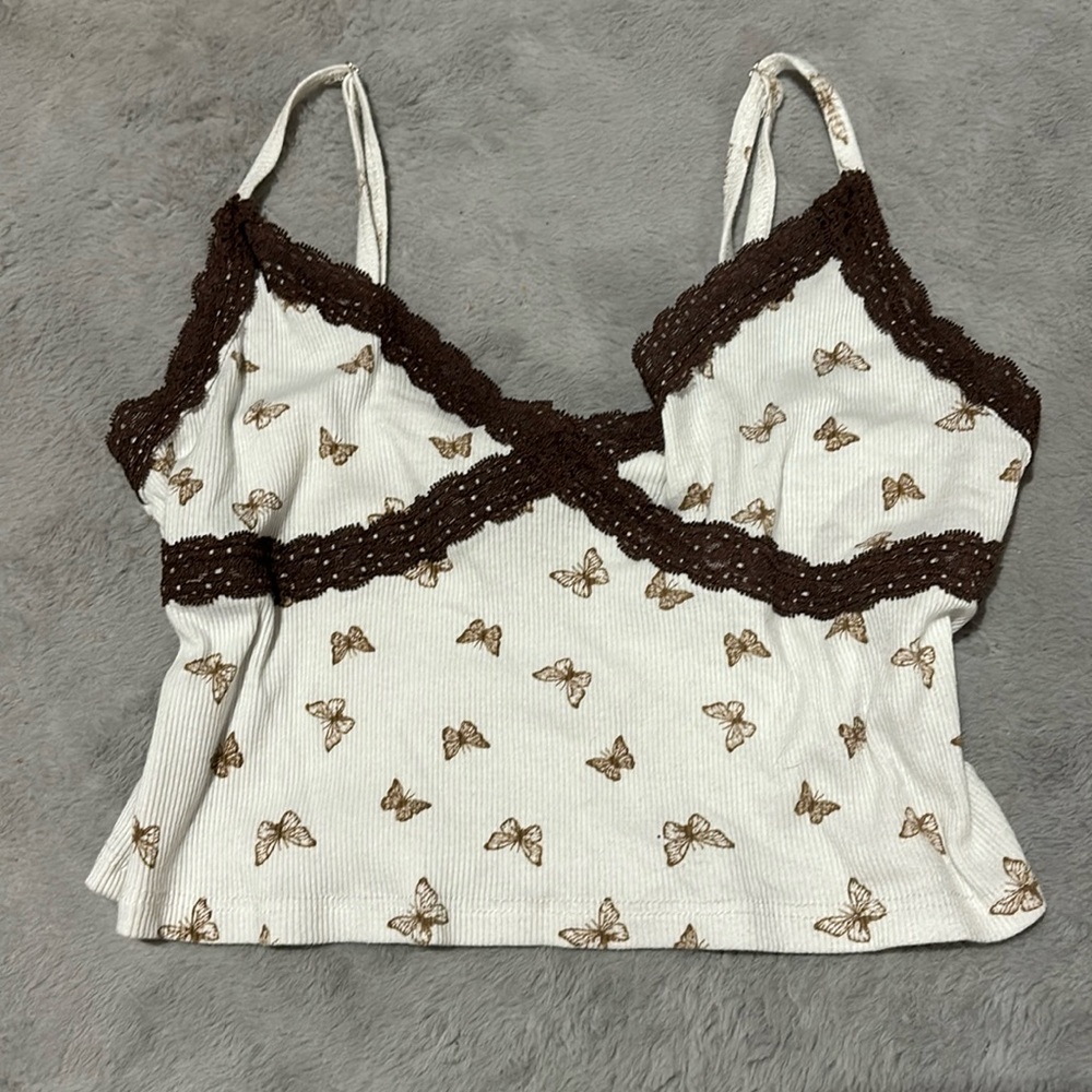Brown butterfly and lace tank top